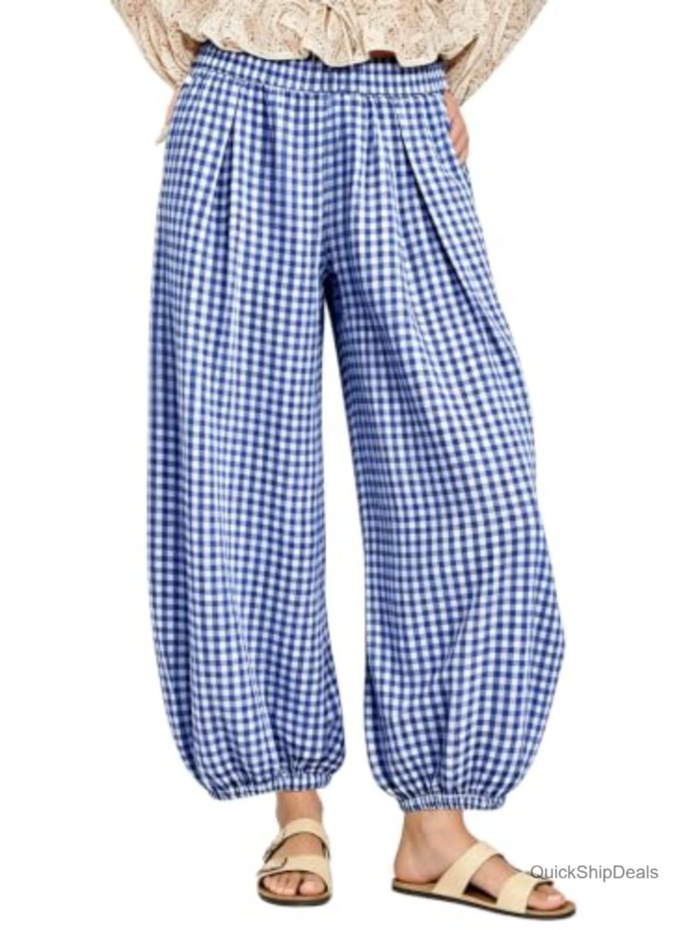 Women's Gingham Capri Pants with Pockets